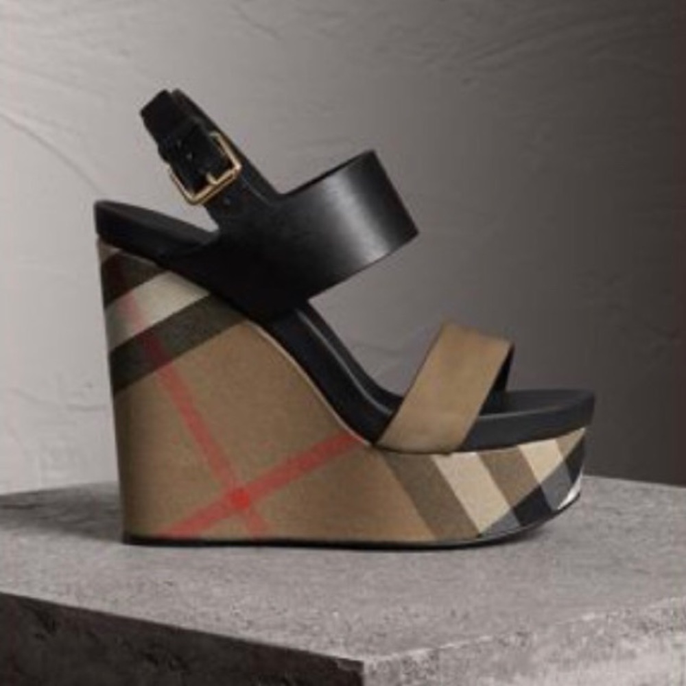 Burberry House Check Leather/Suede Platform Wedges